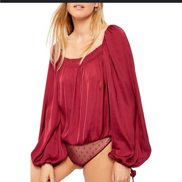 Free People Intimately Another Round Burgundy Satin Peasant Bodysuit M - Picture 1 of 9